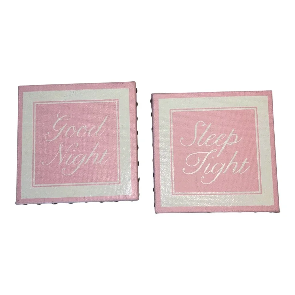 Pink Good Night Sleep Tight Wall Art Set 2 Nailhead Trim Nursery Decor 8x8